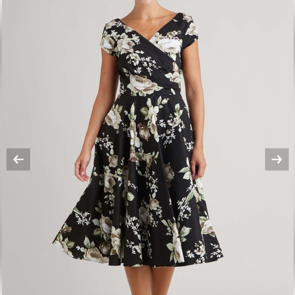 The Pretty Dress Company Hourglass Swing Dress Black Floral UK 12 US 10 TPDC